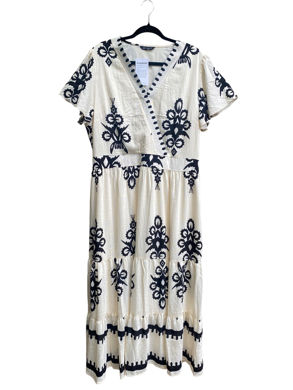 Prettygarden NWT Boho Maxi Dress Cream Black V Neck A Line Tiered Size XXL